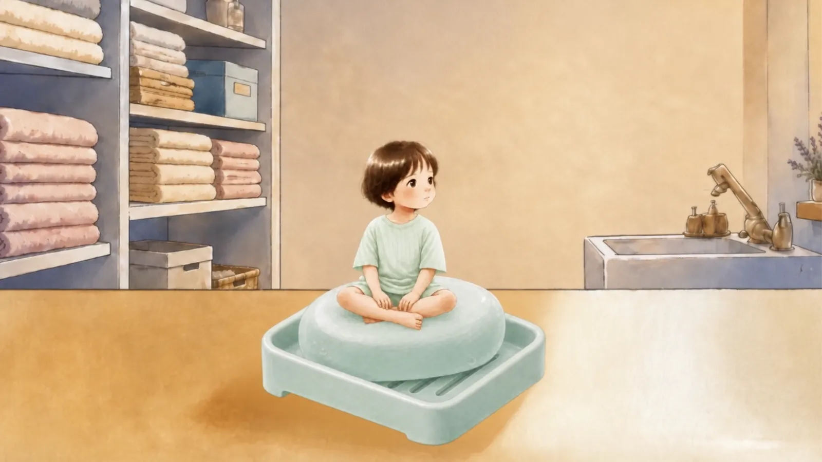목욕탕 선반 위의 오이 비누